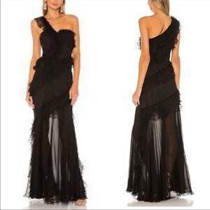 AMUR Harlow Silk One-Shoulder Ruffle & Sheer Maxi Dress Gown Black 2